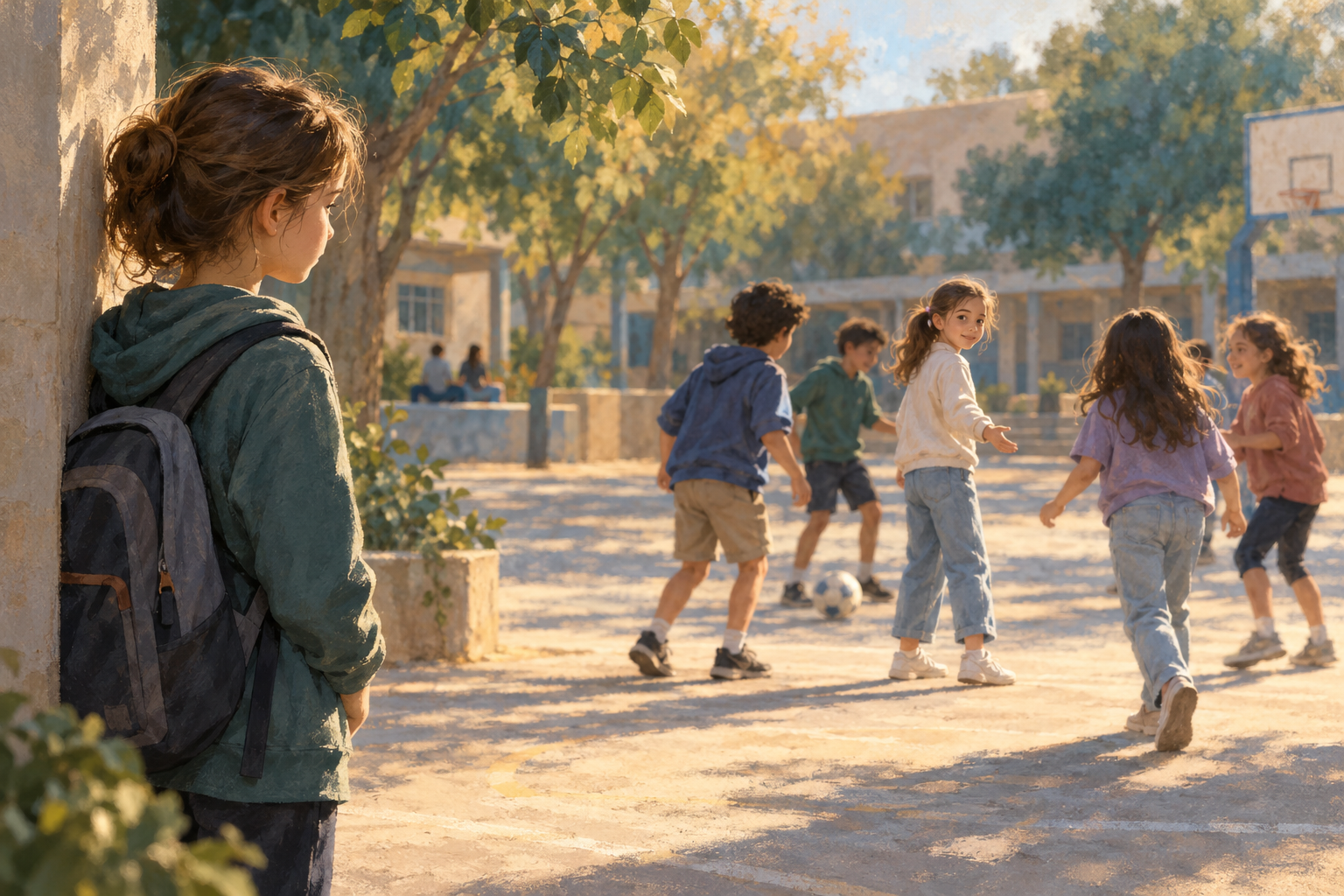 איור של ילדה בשולי חצר בית הספר, מתבוננת בקבוצת ילדים משחקים כשאחת הילדות פונה לעברה